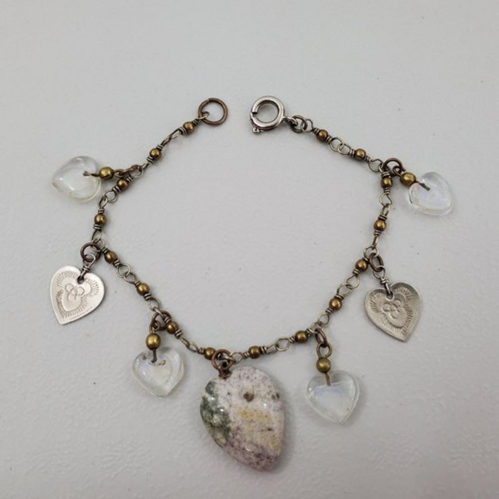 Charm Bracelet Heart Stone Silver Tone Engraved Cl‎